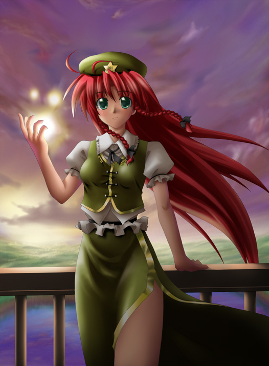 1girl antenna_hair arm_support braid chinese_clothes collared_shirt female green_eyes hat hong_meiling kannazuki_hato long_hair outdoors puffy_short_sleeves puffy_sleeves redhead shirt short_sleeves side_slit solo sparkle star tangzhuang the_embodiment_of_scarlet_devil touhou twin_braids water