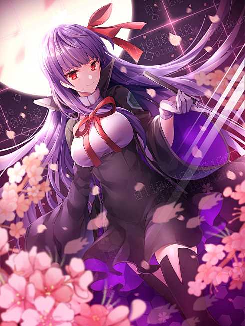 1girl bangs bb_(fate/extra_ccc) black_dress black_legwear blurry breasts cherry_blossoms cowboy_shot depth_of_field dress dutch_angle fate/extra fate/extra_ccc fate/grand_order fate_(series) full_moon gloves hair_ribbon hand_up large_breasts light_smile looking_at_viewer moon petals purple_hair red_eyes red_ribbon revision ribbon short_dress solo standing thigh-highs underbust white_gloves yunohito