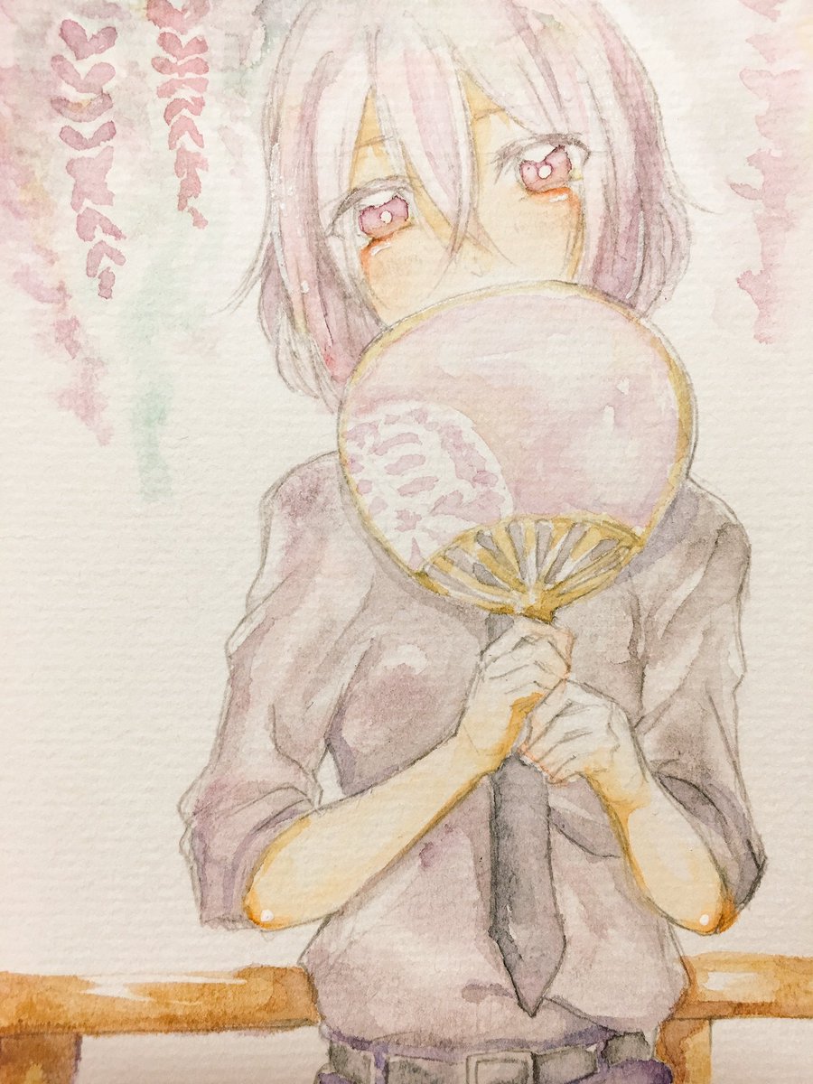 1boy fan flower highres honebami_toushirou kouho_(matya03) lilac male_focus necktie paper_fan touken_ranbu traditional_media uchiwa violet_eyes watercolor_(medium) white_hair