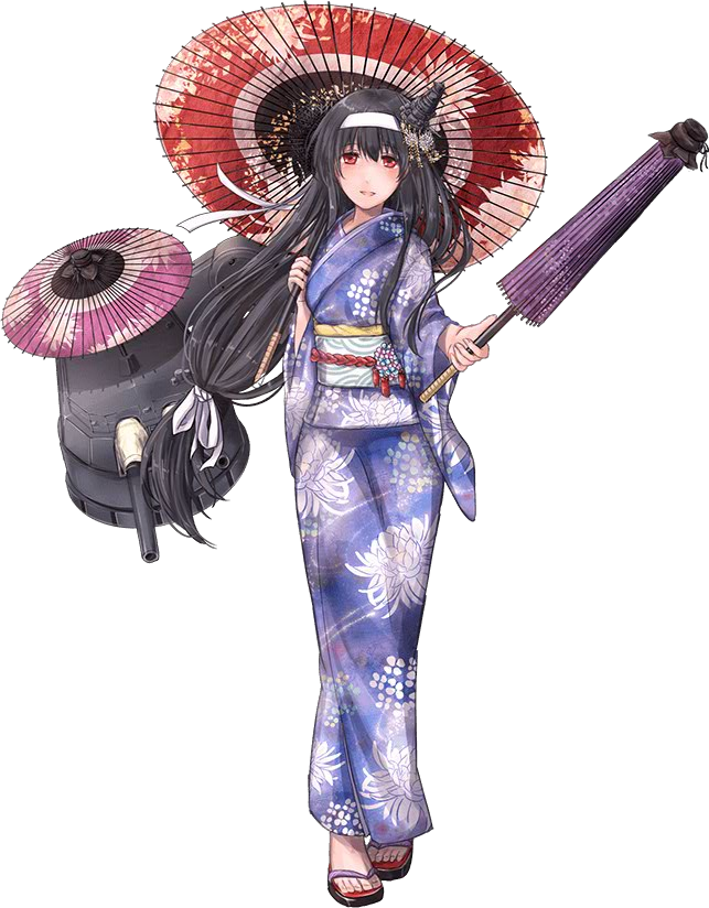 1girl black_hair cannon floral_print flower full_body fusou_(kantai_collection) hair_flower hair_ornament hairpin headband japanese_clothes kantai_collection kimono long_sleeves looking_at_viewer machinery obi official_art red_eyes rikka_(rikka331) sandals sash solo standing tied_hair transparent_background turret umbrella wide_sleeves