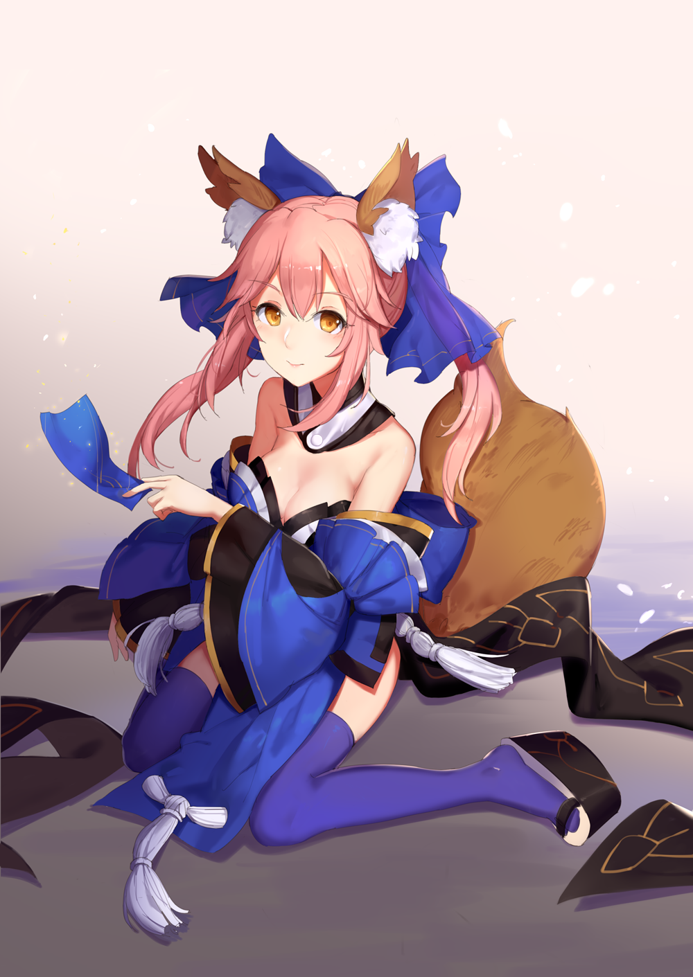 1girl animal_ears blue_legwear breasts cleavage collarbone detached_sleeves fate/extra fate/extra_ccc fate/grand_order fate_(series) fox_ears fox_tail hair_ribbon highres japanese_clothes large_breasts looking_at_viewer pink_hair ribbon sitting solo tail tamamo_(fate)_(all) tamamo_no_mae_(fate) yellow_eyes yingji_(zszero)