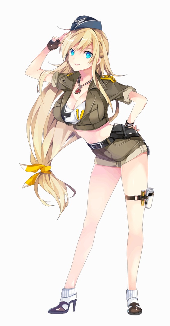 1girl aqua_eyes bangs belt blonde_hair breasts cleavage eyebrows_visible_through_hair fingerless_gloves formation_girls full_body gloves hand_on_hip hat high_heels jeanne_marseille_(formation_girls) large_breasts long_hair looking_at_viewer midriff military military_uniform original salute short_sleeves shorts simple_background smile socks solo standing uniform white_background
