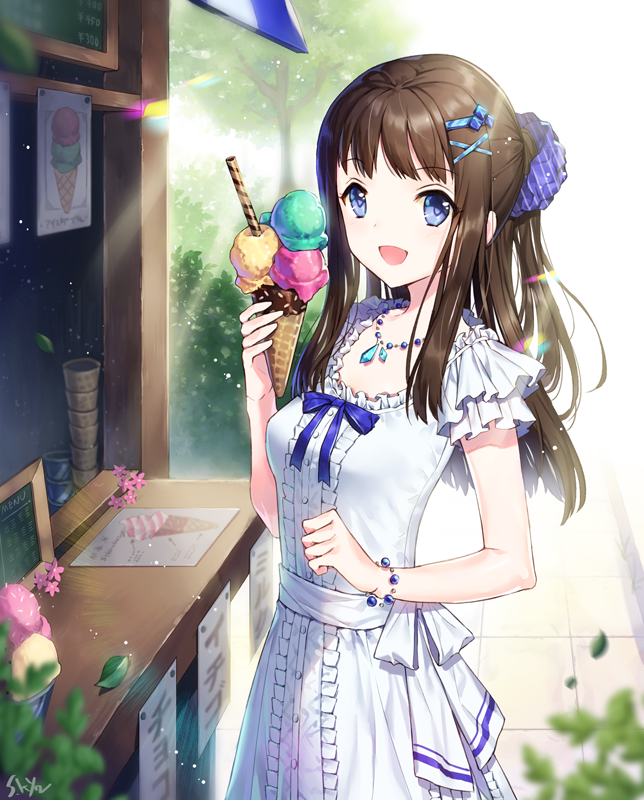 1girl black_hair blue_eyes breasts commentary_request dress food ice_cream jewelry long_hair natsu_(759aqsw) necklace open_mouth original rainbow smile solo summer sunlight white_dress