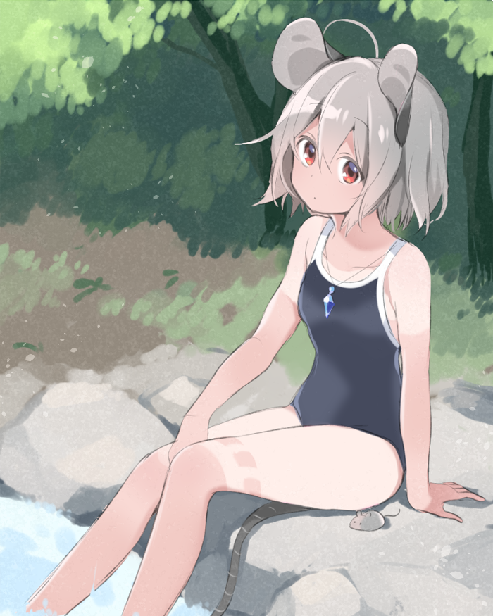 1girl akagashi_hagane animal_ears day green_hair hair_between_eyes jewelry mouse mouse_ears mouse_tail nazrin one-piece_swimsuit outdoors pendant red_eyes school_swimsuit short_hair sitting soaking_feet solo swimsuit tail tan tanline touhou