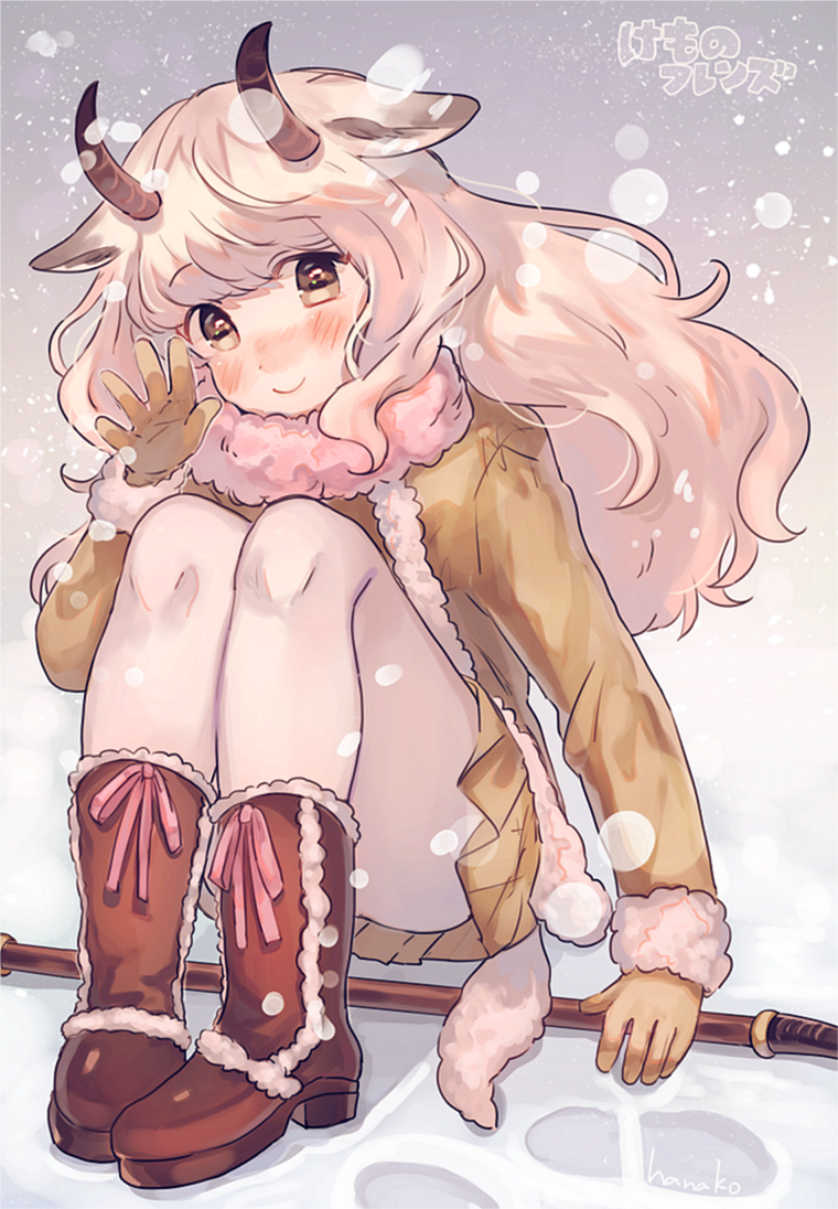 1girl animal_ears artist_name bangs blunt_bangs blush boots brown_boots brown_eyes brown_footwear brown_gloves brown_jacket brown_skirt closed_mouth copyright_name dot_nose eyebrows_visible_through_hair footprints full_body fur-trimmed_sleeves fur_collar fur_trim gloves hanako151 hand_up holding holding_weapon horizontal_pupils horns jacket kemono_friends knees_up legs_together long_hair looking_at_viewer nose_blush open_hand outdoors pantyhose pink_ribbon pleated_skirt purple_sky ribbon sheep_ears sheep_horns shoe_ribbon signature sitting skirt sky smile snow snow_sheep_(kemono_friends) snowing solo tareme waving wavy_hair weapon white_hair white_legwear