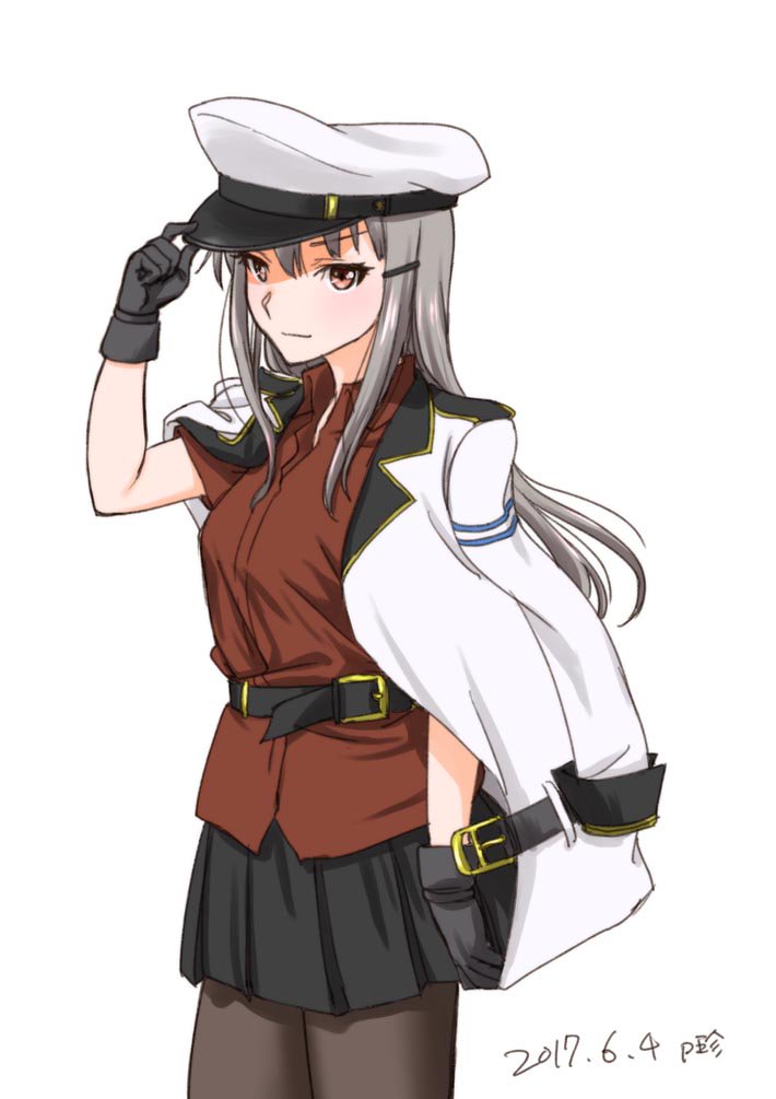 1girl artist_request black_gloves blush breasts gangut_(kantai_collection) gloves grey_hair hat jacket kantai_collection long_hair long_sleeves looking_at_viewer military military_hat military_jacket military_uniform pantyhose red_eyes red_skirt remodel_(kantai_collection) scar scar_on_cheek skirt solo uniform