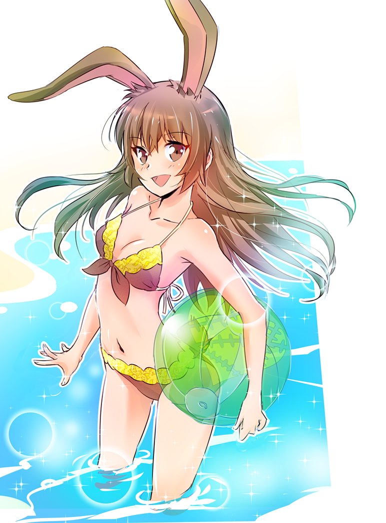 1girl animal_ears ball beachball bikini blush bra breasts brown_eyes brown_hair bunny_girl bunny_tail cleavage iesupa lace lace-trimmed_bra lace-trimmed_panties long_hair looking_at_viewer medium_breasts navel panties rabbit_ears rwby smile solo standing swimsuit tail transparent underwear velvet_scarlatina water