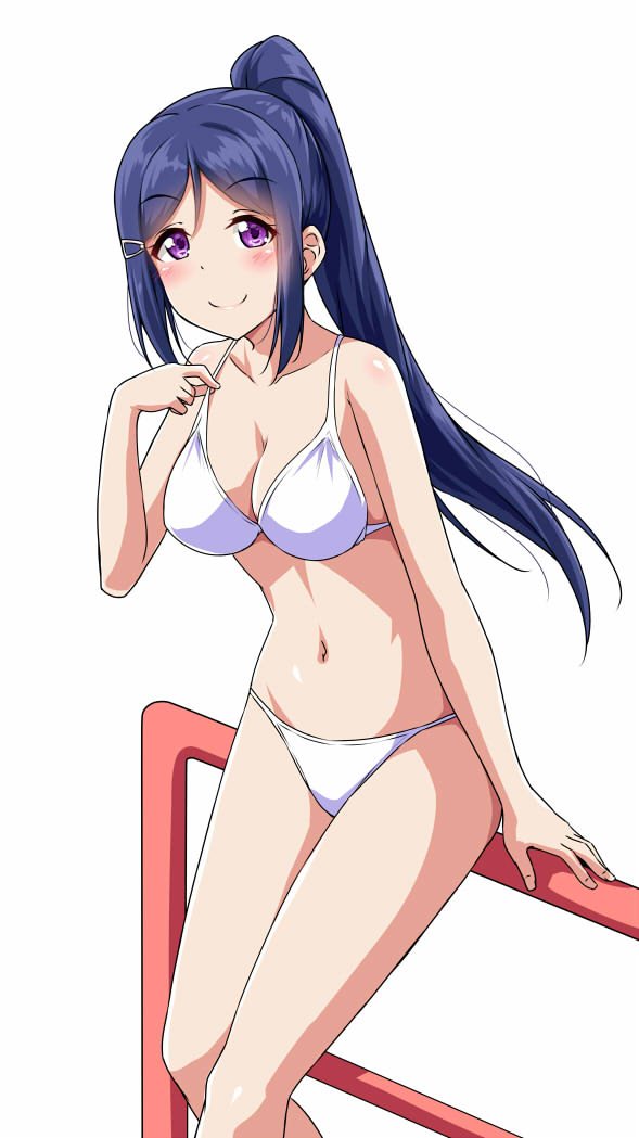 1girl bikini blue_hair blush breasts cleavage commentary_request hair_ornament hairclip long_hair long_ponytail looking_at_viewer love_live! love_live!_sunshine!! matsuura_kanan medium_breasts midriff navel ponytail sidelocks simple_background sitting_on_railing smile solo standing strap_lift swimsuit violet_eyes white_background white_bikini yopparai_oni