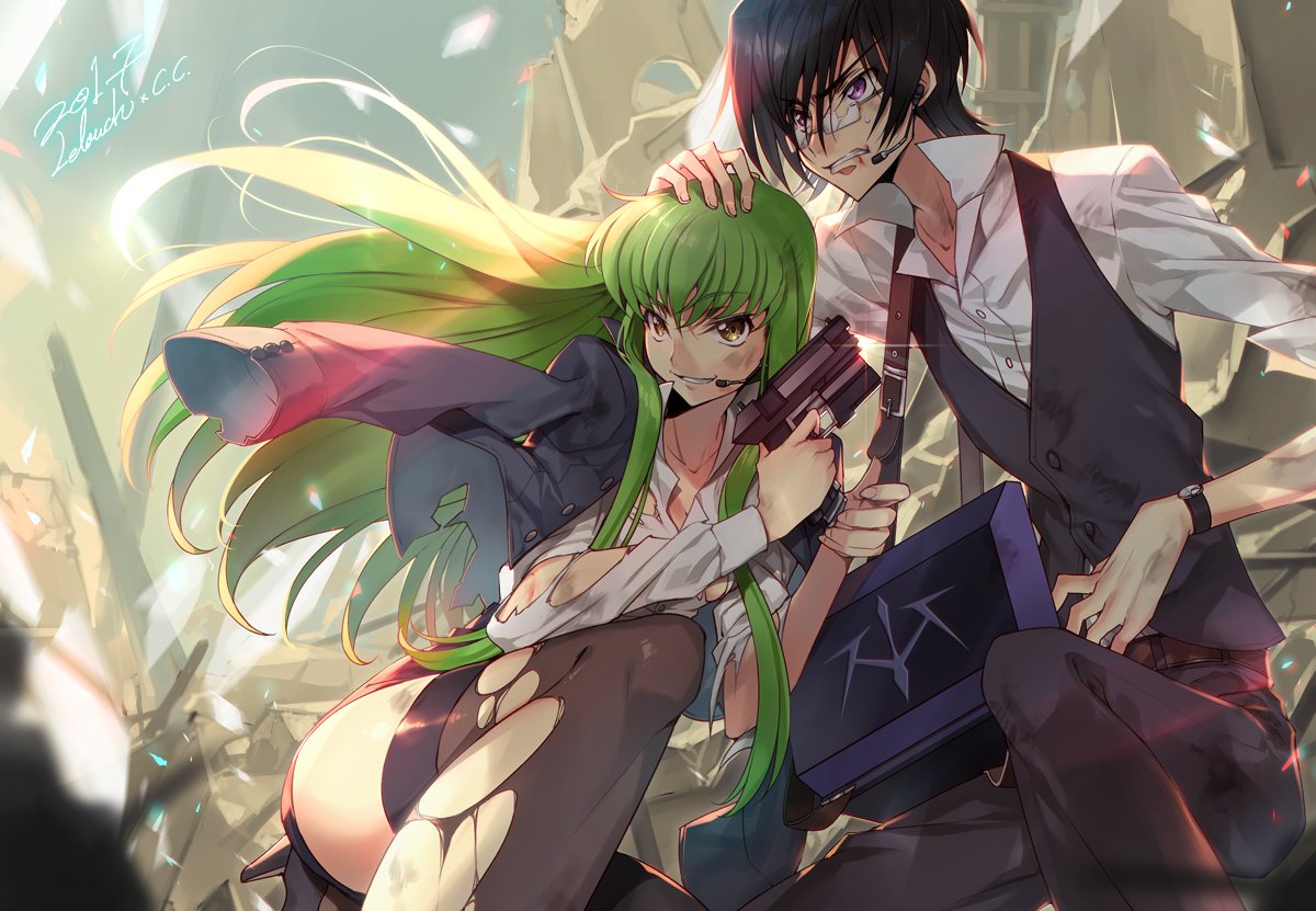 1boy 1girl belt black_hair black_legwear blood c.c. clothes_on_shoulders code_geass creayus earpiece glasses green_hair grin gun hand_on_another's_head high_heels holding holding_gun holding_weapon kneeling lelouch_lamperouge long_hair smile sweatdrop thigh-highs torn_clothes torn_thighhighs vest violet_eyes watch watch weapon yellow_eyes