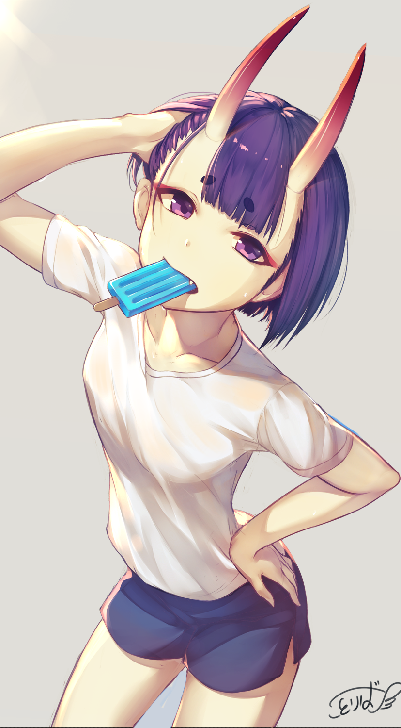 1girl adjusting_hair alternate_costume arm_up bangs bazooka_oiran blue_shorts blunt_bangs breasts casual collarbone commentary_request cowboy_shot eyebrows_visible_through_hair eyeshadow fang fang_out fate/grand_order fate_(series) food from_above grey_background grey_shirt hand_on_hip highres leaning_forward looking_at_viewer looking_up makeup mouth_hold oni_horns parted_lips popsicle purple_hair shirt short_hair short_sleeves shorts shuten_douji_(fate/grand_order) signature simple_background small_breasts standing tsurime violet_eyes