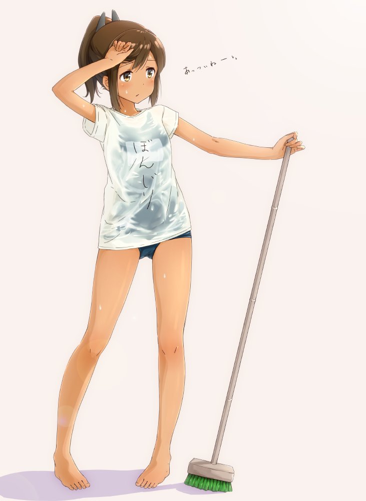 1girl arm_up bare_legs barefoot blue_swimsuit blush broom brown_eyes brown_hair clothes_writing commentary_request full_body holding holding_broom i-401_(kantai_collection) kantai_collection looking_away looking_to_the_side orange_background pigeon-toed ponytail school_swimsuit see-through shirt short_hair short_sleeves simple_background solo suke_(momijigari) sweat swimsuit swimsuit_under_clothes tareme translation_request white_shirt wiping_sweat