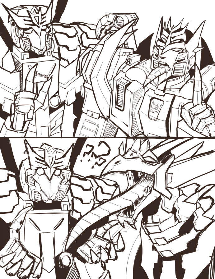 2boys 2koma 80s claws comic deathsaurus decepticon dragon insignia long_tongue monochrome multiple_boys no_humans oldschool open_mouth piercing pose sharp_teeth standing tarn teeth tongue tongue_out tongue_piercing transformers transformers_victory trunchbull