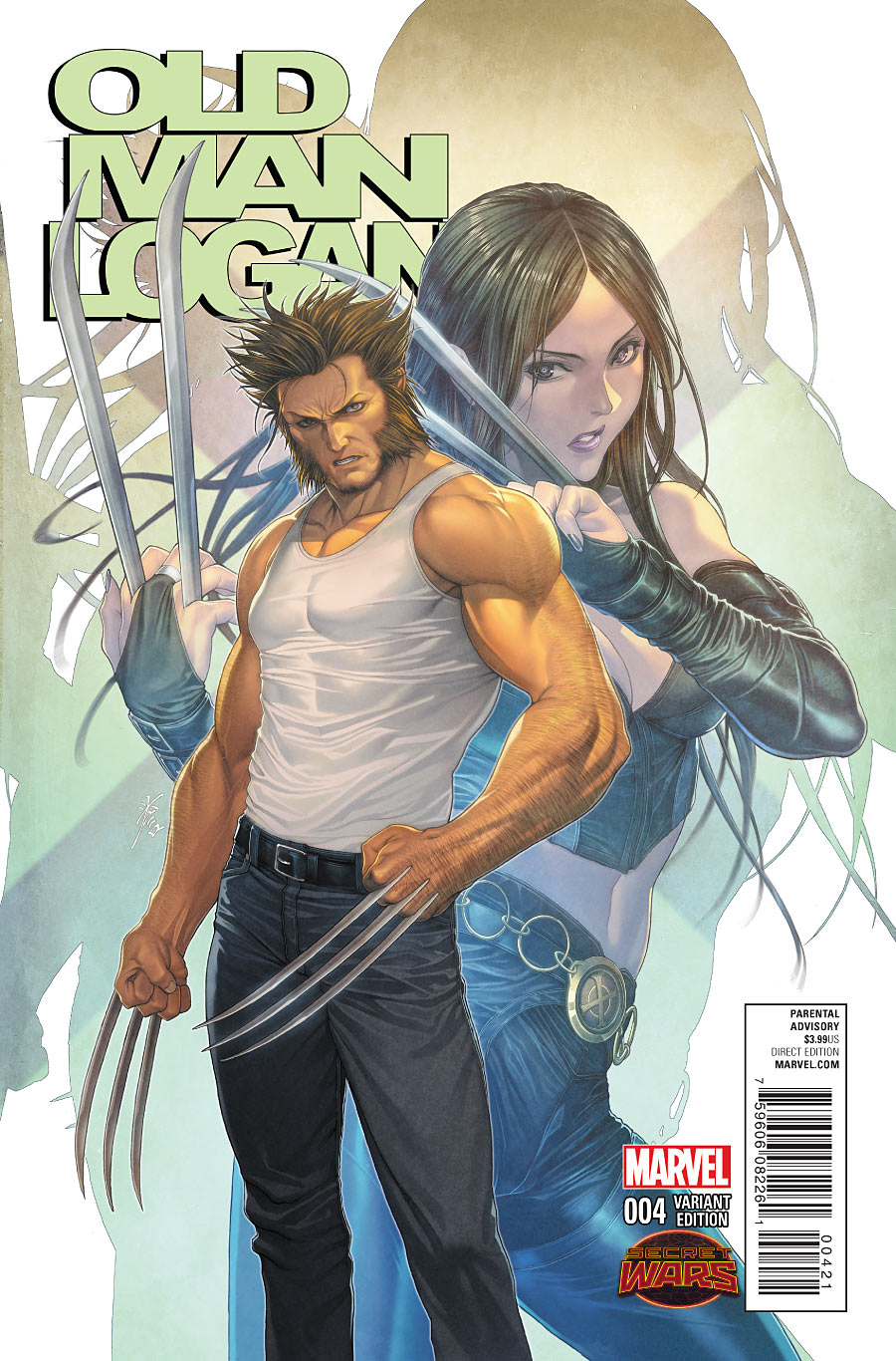 1boy 1girl bag beard belt black_hair bridal_gauntlets claws collarbone denim facial_hair highres homare_(fool's_art) jeans laura_kinney logo long_hair looking_at_viewer marvel midriff muscle pants short_hair signature simple_background sleeveless wolverine x-23 x-men