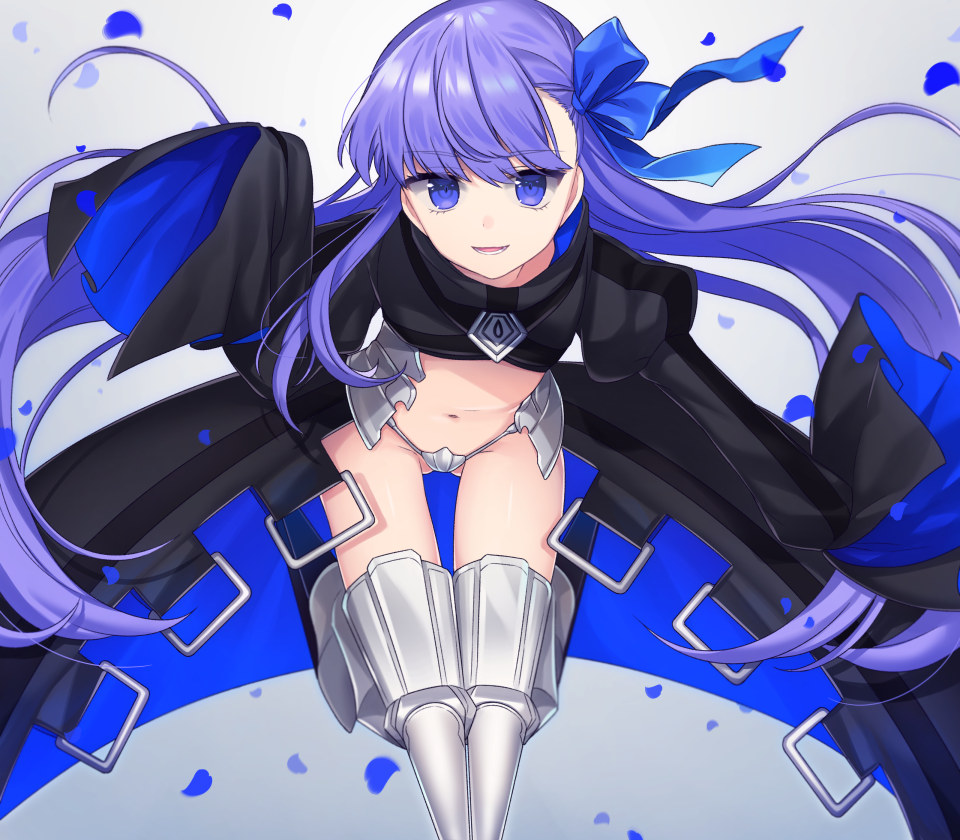 1girl armor armored_boots asymmetrical_bangs bangs black_coat blue_ribbon boots eyebrows_visible_through_hair fate/extra fate/extra_ccc fate_(series) flat_chest hair_ribbon hand_up hands_in_sleeves karokuchitose long_hair long_sleeves looking_at_viewer meltlilith navel parted_lips petals purple_hair revealing_clothes ribbon smile solo thigh-highs thighs violet_eyes