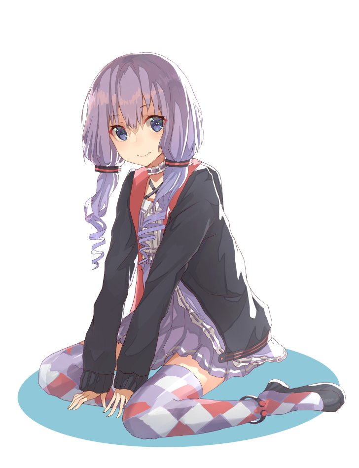 1girl argyle argyle_legwear bangs black_shoes blue_eyes blush closed_mouth curly_hair dress eyebrows_visible_through_hair hood hoodie long_hair looking_at_viewer low_twintails open_clothes open_hoodie oweee purple_dress purple_legwear ringlets shoes simple_background sitting smile solo thigh-highs twintails vocaloid voiceroid wariza white_background yuzuki_yukari