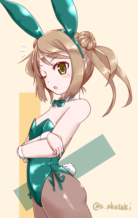1girl akai_akasaki alternate_costume animal_ears blonde_hair bow bowtie bunny_tail bunnysuit cowboy_shot crossed_arms detached_collar green_bow green_bowtie green_leotard hair_bun kantai_collection leotard long_hair michishio_(kantai_collection) one_eye_closed pantyhose rabbit_ears short_twintails solo strapless strapless_leotard tail twintails twitter_username wrist_cuffs yellow_eyes