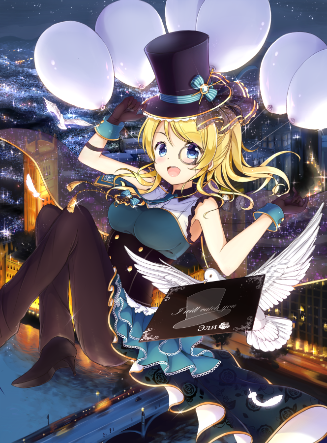 1girl ayase_eli balloon bird blonde_hair blue_eyes character_name cyrillic english gloves hat long_hair love_live! love_live!_school_idol_project open_mouth phantom_thief_erichika ponytail revision rmonocle russian sakura_honoka_(srhk0623) smile solo top_hat