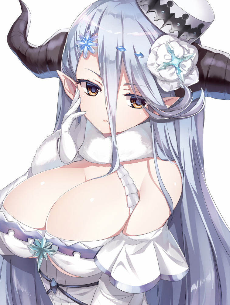 1girl bare_shoulders breasts brown_eyes cleavage commentary_request detached_collar detached_sleeves dress emia_(castilla) expressionless flower fur-trimmed_sleeves fur_collar fur_trim gloves granblue_fantasy hair_between_eyes hair_flower hair_ornament hand_on_own_cheek hat horns izmir large_breasts long_hair mole mole_under_mouth pointy_ears silver_hair simple_background snowflake_hair_ornament straight_hair strapless strapless_dress tsurime very_long_hair white_background white_dress white_gloves white_hat