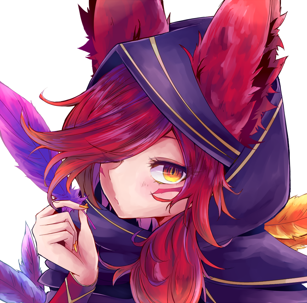 1girl animal_ears facial_mark feathers hair_over_one_eye hood league_of_legends long_hair looking_at_viewer nail_polish redhead shimatta solo xayah yellow_eyes yellow_nails