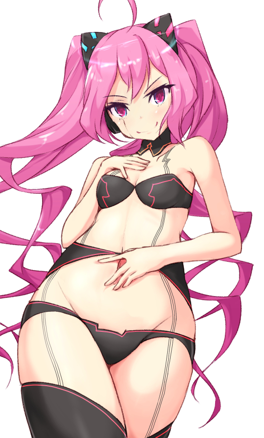 &gt;:) 1girl ahoge bangs bare_arms bare_shoulders bikini black_bikini black_legwear blush closed_mouth commentary_request cowboy_shot detached_collar drill_hair foreshortening from_below grace_(sound_voltex) hand_on_own_chest hand_on_own_stomach headgear htoin kuro_(be_ok) long_hair looking_at_viewer looking_down navel pink_eyes pink_hair simple_background smile sound_voltex standing stomach swimsuit thigh-highs twin_drills twintails very_long_hair white_background