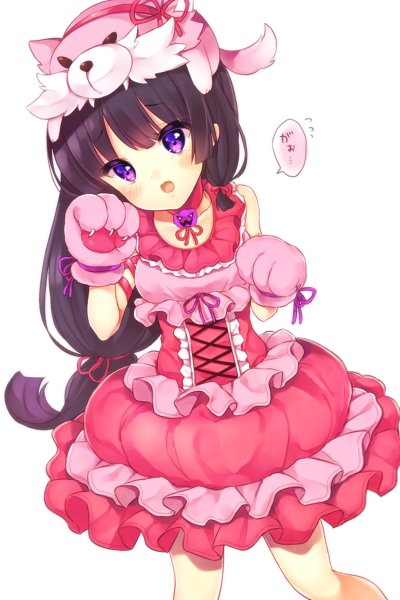 1girl animal animal_on_head black_hair bubble_skirt cowboy_shot dress eyebrows_visible_through_hair flower_knight_girl frilled_skirt frills gloves halloween houzuki_michiru long_hair looking_at_viewer low-tied_long_hair on_head paw_gloves paw_pose paws pink_dress pink_gloves red_choker shakuyaku_(flower_knight_girl) skirt smile solo violet_eyes white_background wolf