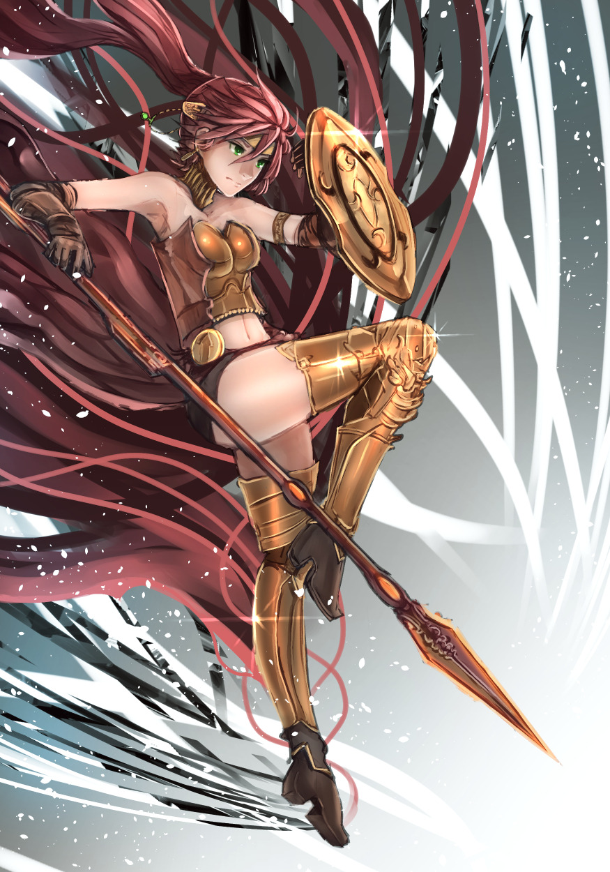 1girl anonamos armor breastplate highres holding holding_weapon polearm pyrrha_nikos redhead rwby shield solo spear weapon