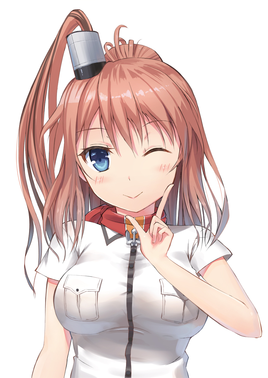 1girl anchor blue_eyes breast_pocket brown_hair facing_viewer highres index_finger_raised kantai_collection komeshitsu long_hair neckerchief one_eye_closed pocket ponytail red_neckerchief saratoga_(kantai_collection) shirt side_ponytail sidelocks simple_background solo white_background white_shirt