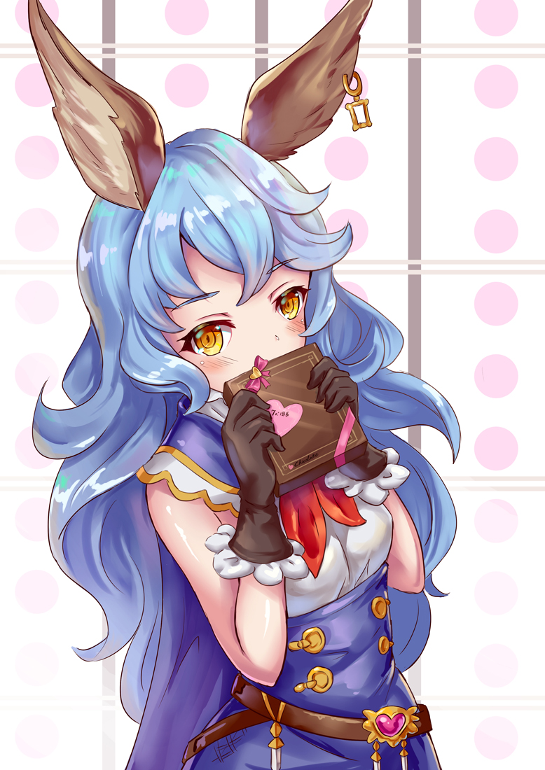 1girl animal_ears bare_shoulders bell_(angelicalary) belt black_gloves blue_hair blue_skirt blush box covering_mouth earrings erun_(granblue_fantasy) eyebrows_visible_through_hair ferry_(granblue_fantasy) gift gift_box gloves granblue_fantasy heart high-waist_skirt holding holding_box jewelry long_hair looking_at_viewer neckerchief red_neckwear shiny shiny_hair shiny_skin skirt sleeping two-handed upper_body valentine very_long_hair yellow_eyes