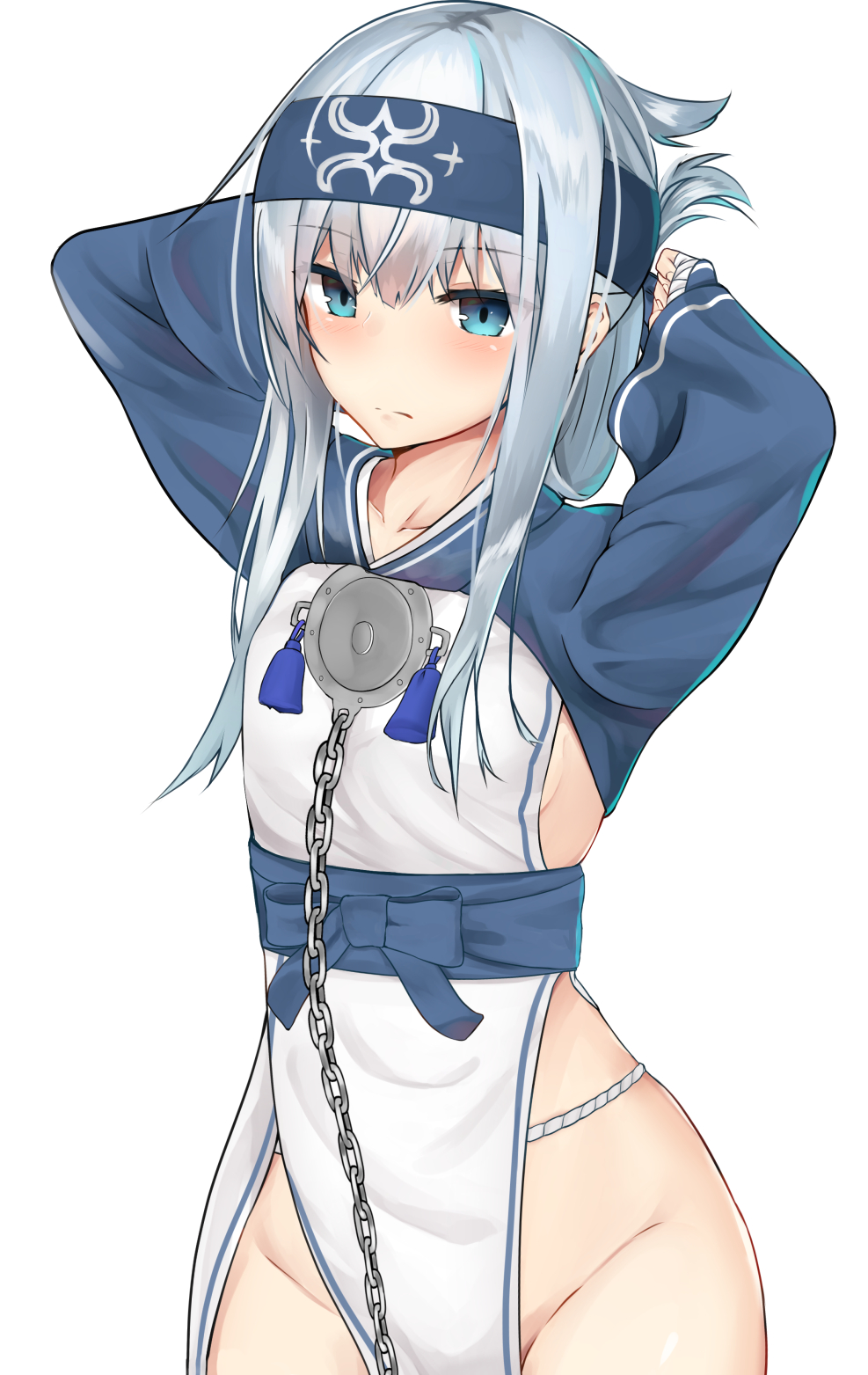1girl ainu_clothes alternate_costume alternate_hairstyle blue_eyes breasts chains cosplay folded_ponytail groin headband hibiki_(kantai_collection) highres kamoi_(kantai_collection) kamoi_(kantai_collection)_(cosplay) kantai_collection long_hair long_sleeves looking_at_viewer sideboob small_breasts solo syun_(05250) tying_hair verniy_(kantai_collection)
