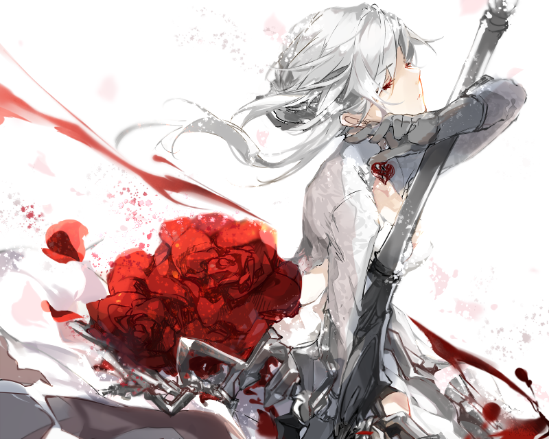1girl breasts dress eyebrows_visible_through_hair floating_hair flower from_side fukuda935 gloves grey_gloves half-closed_eyes heart long_hair looking_to_the_side medium_breasts parted_lips red_rose rose sinoalice snow_white_(sinoalice) solo white_dress white_hair yellow_eyes