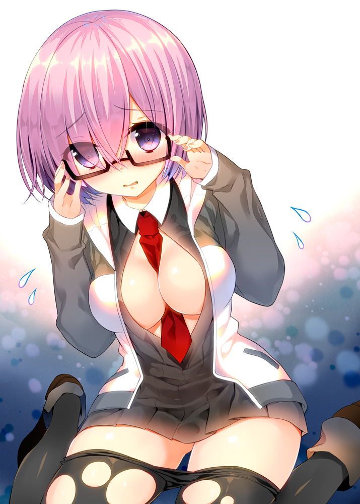 1girl 3: adjusting_glasses bangs between_breasts black-framed_eyewear black_dress black_legwear blush breasts center_opening dress embarrassed eyebrows_visible_through_hair eyes_visible_through_hair fate/grand_order fate_(series) flying_sweatdrops glasses hair_over_one_eye hands_up hood hoodie large_breasts looking_at_viewer necktie necktie_between_breasts open_clothes open_hoodie pantyhose pantyhose_pull parted_lips pleated_dress purple_hair red_necktie semi-rimless_glasses shielder_(fate/grand_order) short_hair sitting solo thighs torn_clothes torn_pantyhose under-rim_glasses violet_eyes wariza yadapot