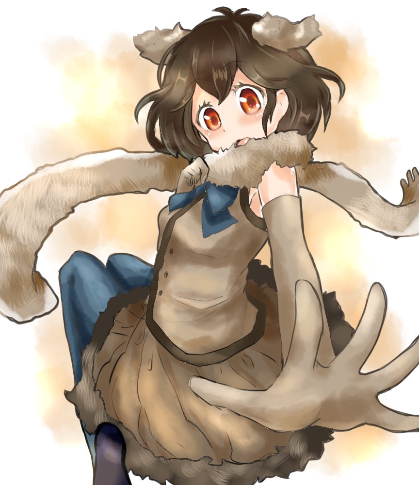 1girl back blush bow bowtie brown_hair emu_(kemono_friends) feathered_wings gloves kemono_friends open_mouth orange_eyes pantyhose scarf simple_background solo tatu_nw white_background wings