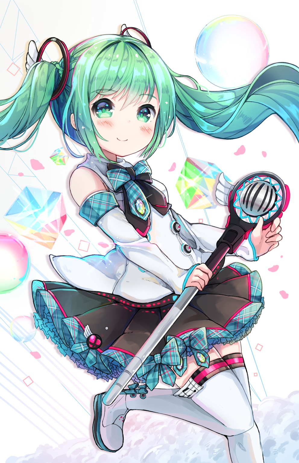 1girl boots detached_sleeves floating_hair green_eyes green_hair hatsune_miku highres long_hair magical_mirai_(vocaloid) microphone namuya_(dlcjfgns456) skirt smile solo thigh-highs thigh_boots twintails vocaloid white_background