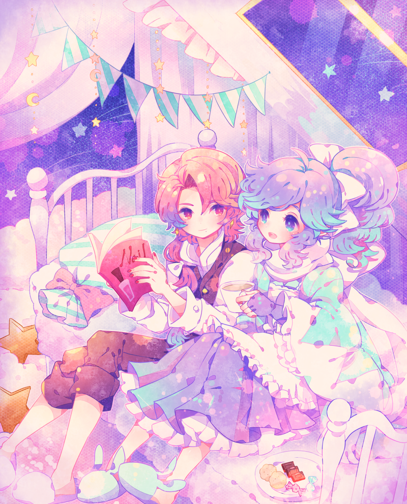 2boys alternate_hair_color bed blue_eyes blue_hair candy cookie crescent_moon cup curtains food hakama japanese_clothes kashuu_kiyomitsu komusun male_focus mole mole_under_eye mole_under_mouth moon multiple_boys nail_polish open_mouth pillow plate ponytail red_eyes red_nails redhead scarf sitting slippers smile star tea teacup touken_ranbu yamato-no-kami_yasusada