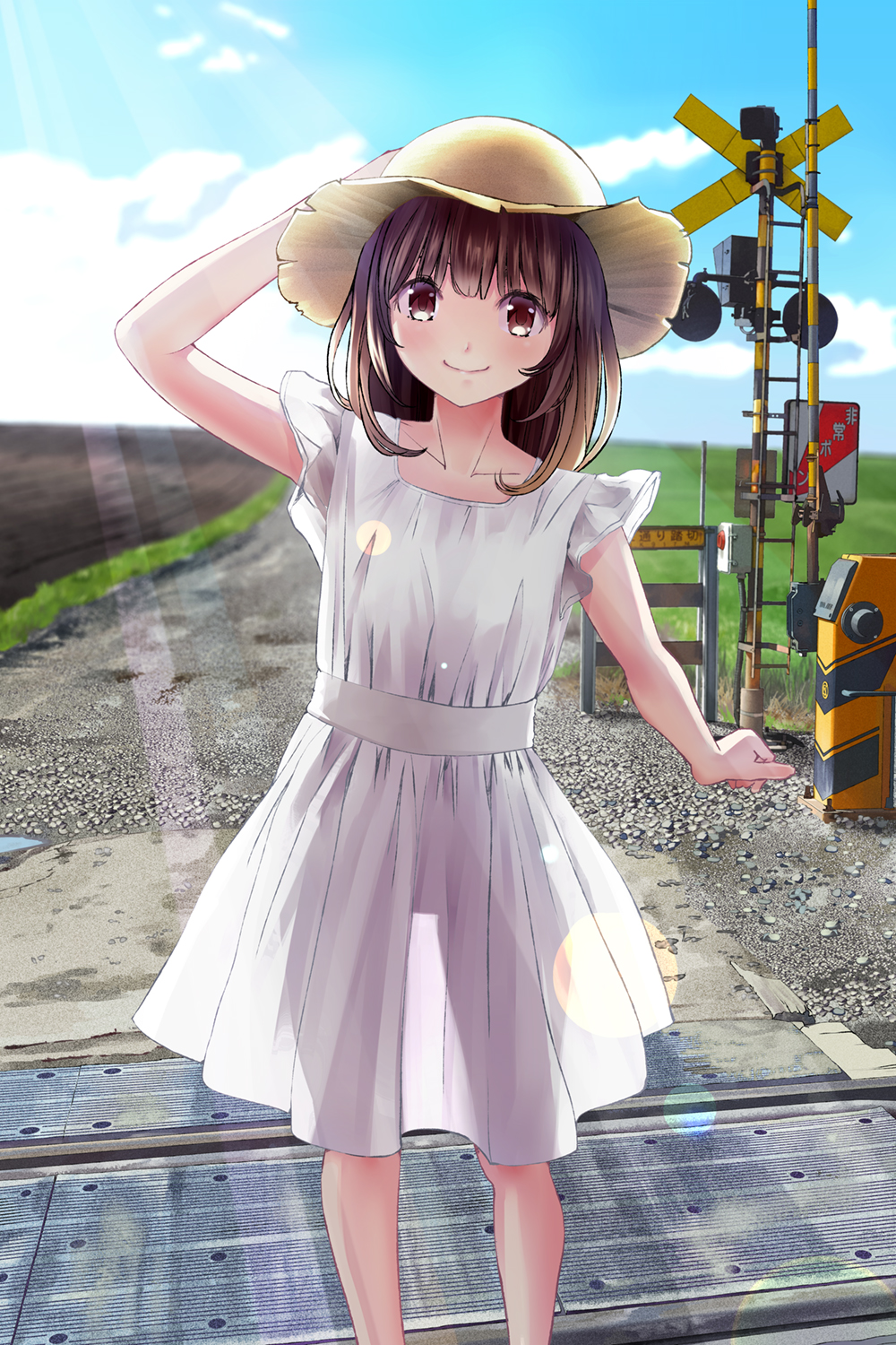 1girl arm_up bangs blush brown_eyes brown_hair chikuwa_(odennabe) closed_mouth day dress hand_on_headwear hat highres lens_flare light_rays long_hair looking_at_viewer original outdoors railroad_crossing see-through_silhouette short_sleeves smile solo standing sun_hat sunbeam sundress sunlight white_dress
