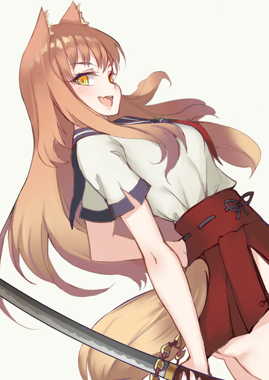 1girl :d animal_ears brown_hair fang fate/extra fate/extra_ccc fate/extra_ccc_fox_tail fate_(series) fox_ears fox_tail g.h_(gogetsu) highres katana long_hair looking_at_viewer open_mouth saber_(fate/extra_ccc_fox_tail) short_sleeves smile solo sword tail weapon yellow_eyes