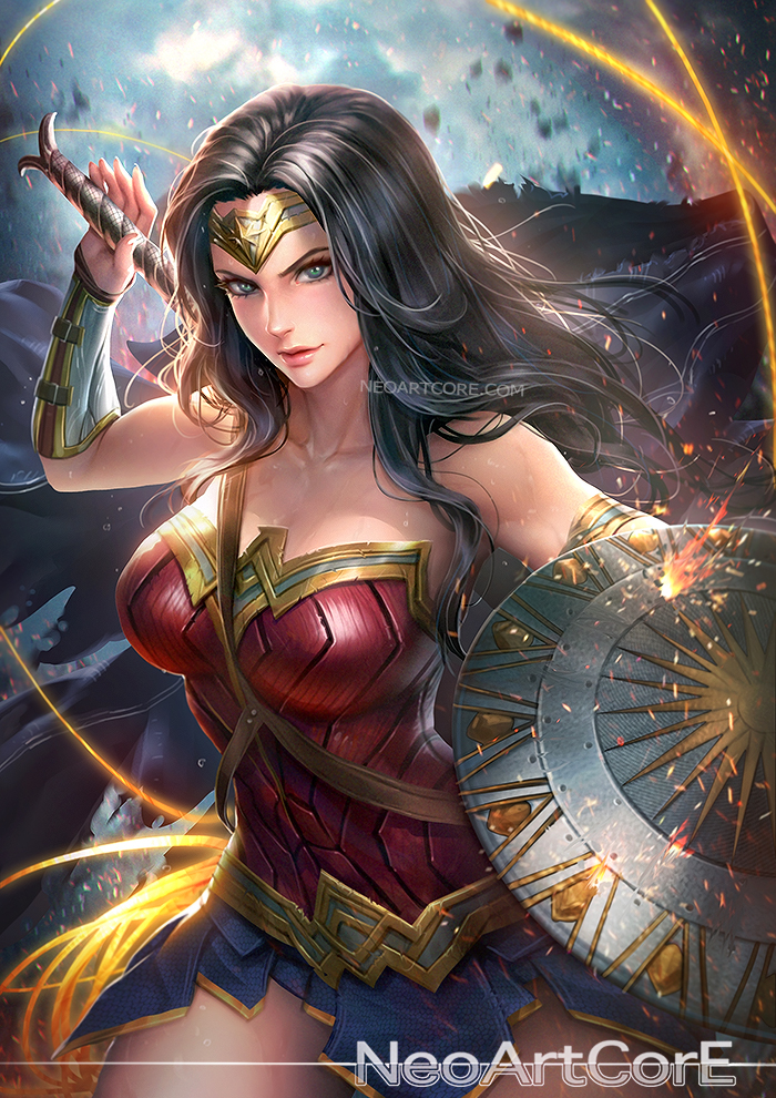 1girl arm_up bare_shoulders black_hair blue_eyes breasts circlet dc_comics large_breasts lasso_of_truth long_hair looking_at_viewer nudtawut_thongmai parted_lips shield skirt smile solo thighs wonder_woman wonder_woman_(series)