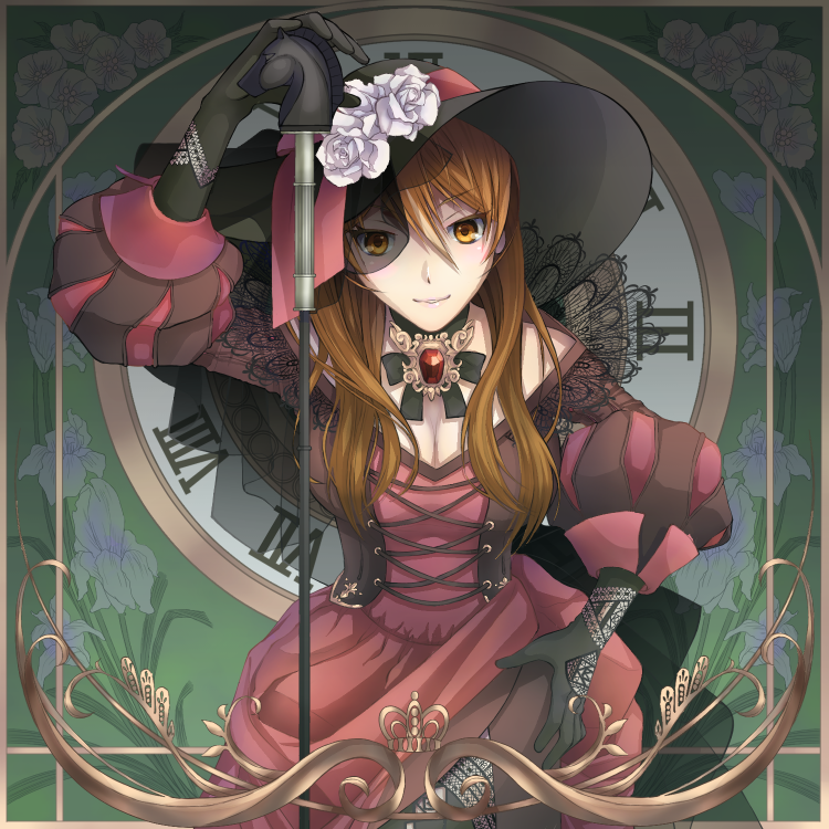 1girl arm_up barsal black_gloves black_hat brown_eyes brown_hair cane clock dress flower gem gloves hat hat_flower long_hair looking_at_viewer puffy_sleeves red_dress solo standing umabi