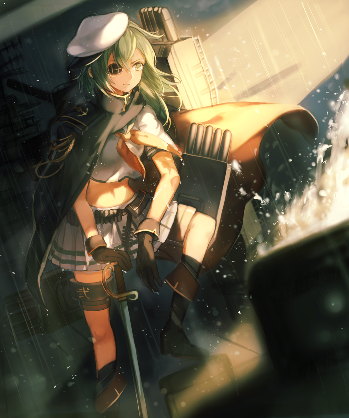 1girl ammunition_belt belt belt_pouch black_gloves black_legwear boots cloak dutch_angle eyepatch gloves green_eyes green_hair hat kantai_collection kiso_(kantai_collection) kneehighs long_hair looking_to_the_side midriff navel one_leg_raised remodel_(kantai_collection) rigging rom_(romshiro) saber_(weapon) sailor_hat school_uniform serafuku serious skirt solo sword thigh_strap torpedo weapon wet