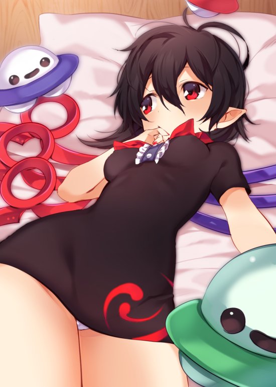 1girl akagashi_hagane asymmetrical_wings black_dress black_hair blush breasts dress dutch_angle finger_to_mouth houjuu_nue legs_together looking_to_the_side lying microdress nail_polish on_back on_bed panties pantyshot pillow pointy_ears red_eyes short_hair short_sleeves small_breasts solo touhou ufo underwear white_panties wings