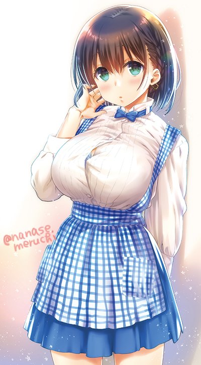 1girl ai-chan_(tawawa) apron aqua_eyes arm_behind_back bangs blue_bow blue_bowtie blue_skirt blush bow bowtie bra bra_peek braid breasts brown_hair buttons checkered checkered_apron commentary_request cowboy_shot getsuyoubi_no_tawawa hair_between_eyes hand_in_hair hand_up large_breasts long_sleeves looking_at_viewer nanase_meruchi shirt short_hair side_braid skirt solo standing tareme twitter_username underwear white_shirt