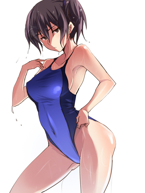 1girl adjusting_clothes adjusting_swimsuit alternate_costume arched_back breasts brown_eyes brown_hair collarbone commentary_request competition_swimsuit covered_navel kaga_(kantai_collection) kantai_collection large_breasts long_hair looking_at_viewer one-piece_swimsuit ponytail shiny shiny_skin side_ponytail simple_background solo swimsuit ulrich_(tagaragakuin) wet white_background