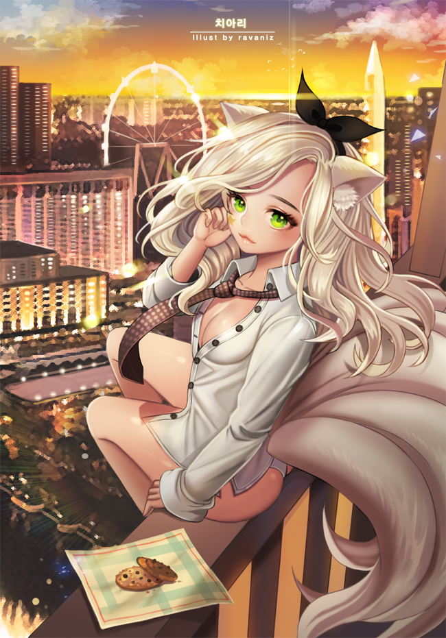 1girl animal_ears ass balcony blade_&amp;_soul blonde_hair breasts city cityscape cleavage cookie dress_shirt facial_tattoo food fox_ears from_behind green_eyes hand_on_own_face long_hair long_tail looking_back loose_necktie lyn_(blade_&amp;_soul) necktie no_bra no_pants open_clothes open_shirt outdoors panties ravaniz ribbon scenery shirt sitting smile solo tail tattoo unbuttoned underwear white_panties white_shirt