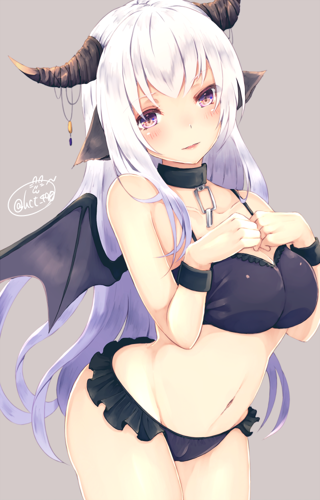 1girl animal_ears artist_name bangs black_bra black_panties blush bra breasts chains chita_(ketchup) cleavage collar collarbone cowboy_shot demon_girl demon_horns demon_wings grey_background groin hands_on_own_chest horns large_breasts long_hair looking_at_viewer navel original panties parted_lips signature simple_background solo underwear underwear_only violet_eyes white_hair wings wristband