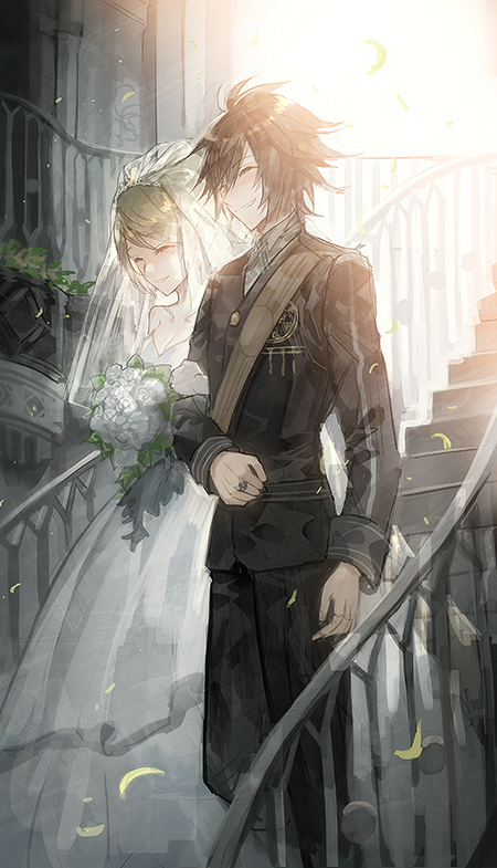 1boy 1girl 369minmin arm_hug black_hair blonde_hair bouquet bridal_veil dress final_fantasy final_fantasy_xv flower formal happy husband_and_wife lunafreya_nox_fleuret noctis_lucis_caelum smile stairs sunlight veil wedding wedding_dress