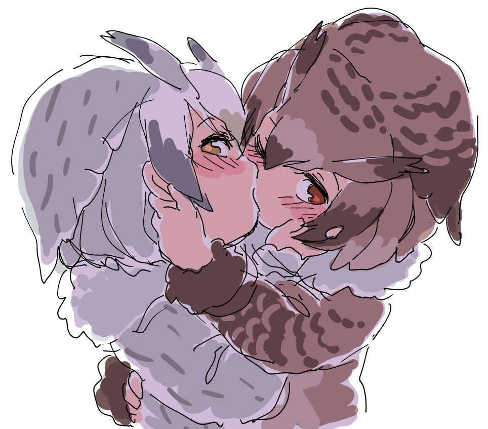 2girls blush commentary commentary_request eurasian_eagle_owl_(kemono_friends) feathers fur_collar kemono_friends kiss looking_at_viewer mitsumoto_jouji multiple_girls northern_white-faced_owl_(kemono_friends) yuri