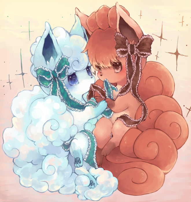 alola_form alolan_vulpix blue_bow blue_eyes blush bow brown_bow brown_eyes commentary_request eye_contact frilled_bow frills full_body gradient gradient_background kuronekotarou looking_at_another mouth_hold no_humans paws pokemon pokemon_(creature) sparkle tareme vulpix yellow_background