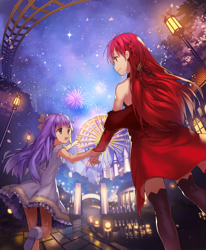 2girls ankle_boots backlighting bangs bare_shoulders black_legwear black_ribbon blunt_bangs boots braid brown_eyes building castle dress ferris_wheel fireworks flower foreshortening frilled_dress frills hair_flower hair_ornament hair_ribbon height_difference jacket kneepits lamppost long_hair looking_back multiple_girls night night_sky off_shoulder official_art one_leg_raised open_clothes open_jacket original outdoors outstretched_arm parted_lips pink_boots pink_dress pointing pointing_forward profile purple_hair red_eyes red_jacket redhead reflection ribbon ritsuki river running side_braid sky sleeveless sleeveless_dress standing star_(sky) starry_sky stone_floor tareme thigh-highs very_long_hair water wrist_grab