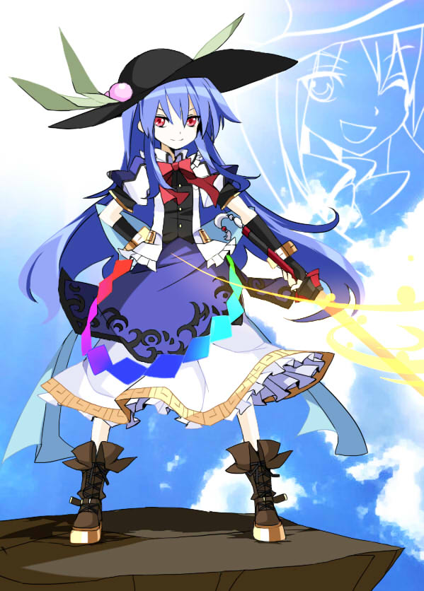 1girl alternate_costume black_gloves black_hat black_shirt blue_hair blue_sky boots bow bowtie brown_boots clouds commentary_request cross-laced_footwear fingerless_gloves food frilled_skirt frills fruit full_body gloves hair_between_eyes hat hat_leaf hinanawi_tenshi holding holding_weapon jacket lace-up_boots long_hair peach puffy_short_sleeves puffy_sleeves red_bow red_bowtie red_eyes shiki_(gjmatpw) shirt short_sleeves skirt sky smile solo standing sword_of_hisou touhou weapon white_jacket white_skirt