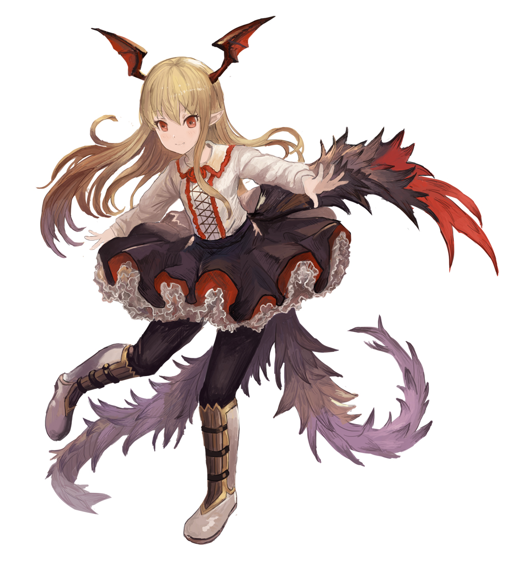 1girl ame_sagari bat_wings black_skirt blonde_hair blush fang flower frilled_skirt frills granblue_fantasy head_wings long_hair long_sleeves outstretched_arms pointy_ears red_eyes red_rose rose shirt skirt smile solo spread_arms vampire vampy white_shirt wings